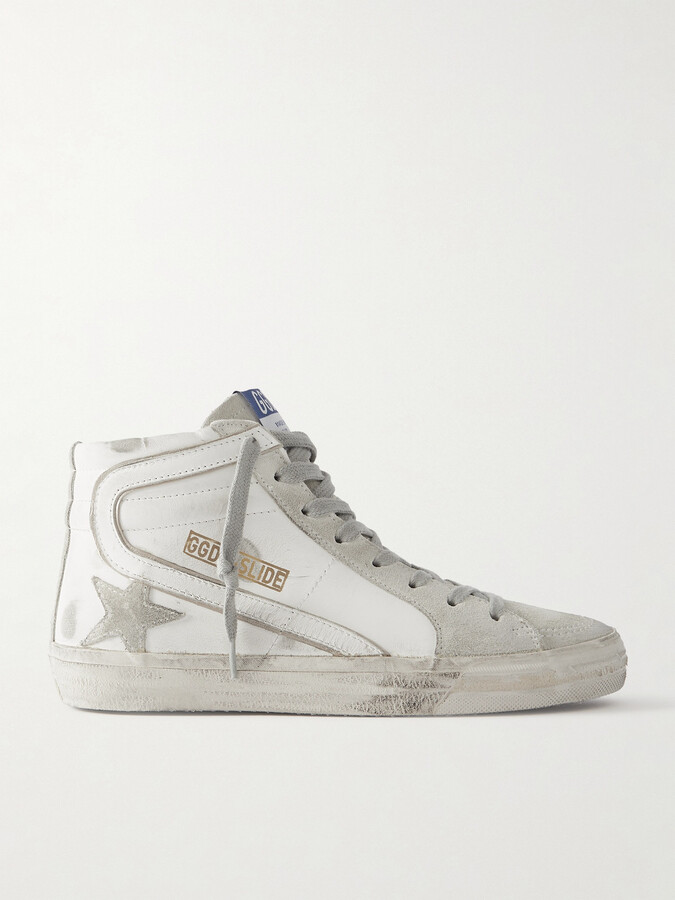 Golden Goose Slide Distressed Suede And Leather High-top Sneakers - White