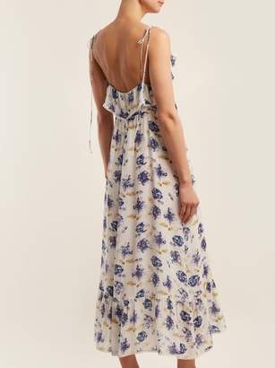 Athena Procopiou - Floral Print Ruffle Trimmed Silk Maxi Dress - Womens - Blue Multi