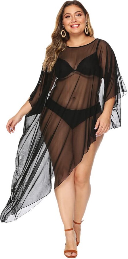 Vsadsau Plus Size Long Beach Swimwear Dress Women Mesh Tunics Irregular  Lace Cover Ups Beach Outfits black 4XL - ShopStyle