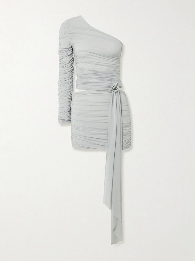 Maygel Coronel - Socarras Appliquéd Ruched Stretch-mesh One-shoulder Top And Mini Skirt Set - Gray