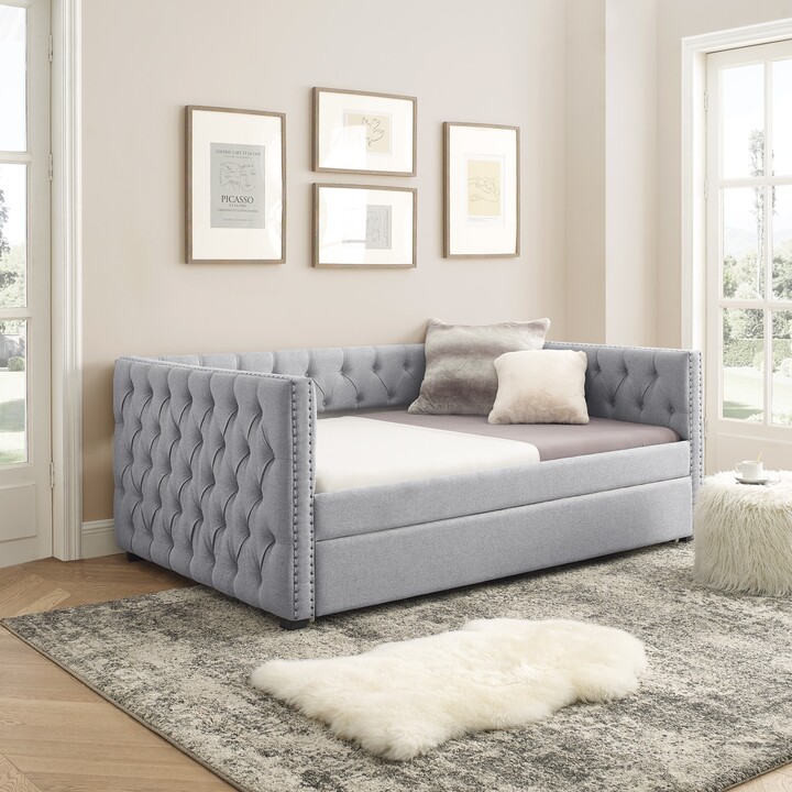 NINEDIN Grey Livingroom Full Size Loveseats Daybed with Trundle