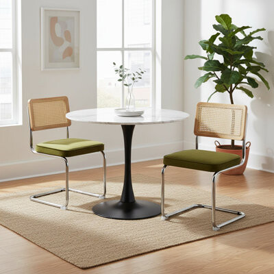 Ophelia & Co. Dining Chairs Set of 2 Linen Upholstered Rattan Kitchen Chairs Accent Chairs with Natural Cane Back & Stainless Chrome Base