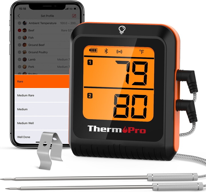 ThermoPro TP920W 650FT Wireless Bluetooth Meat Thermometer with Dual Probes for Oven Grilling BBQ