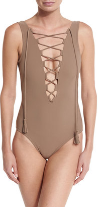 Karla Colletto Entwined Plunge Lace-Up One-Piece Swimsuit, Latte