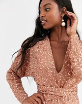 Thumbnail for your product : ASOS Tall DESIGN Tall mini dress with batwing sleeve and wrap waist in scatter sequin