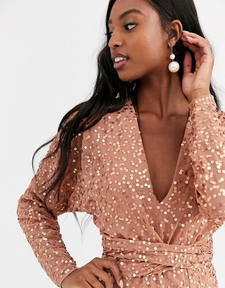 ASOS Tall DESIGN Tall mini dress with batwing sleeve and wrap waist in scatter sequin