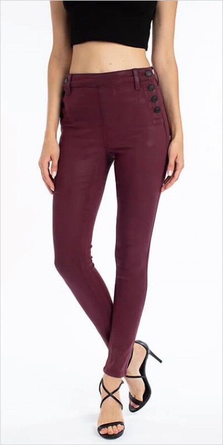 Kancan High Rise Faux Leather Button Jeans In Burgundy