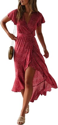 ZESICA Women's Bohemian Floral Printed Wrap V Neck Short Sleeve Split Beach Party Maxi Dress 