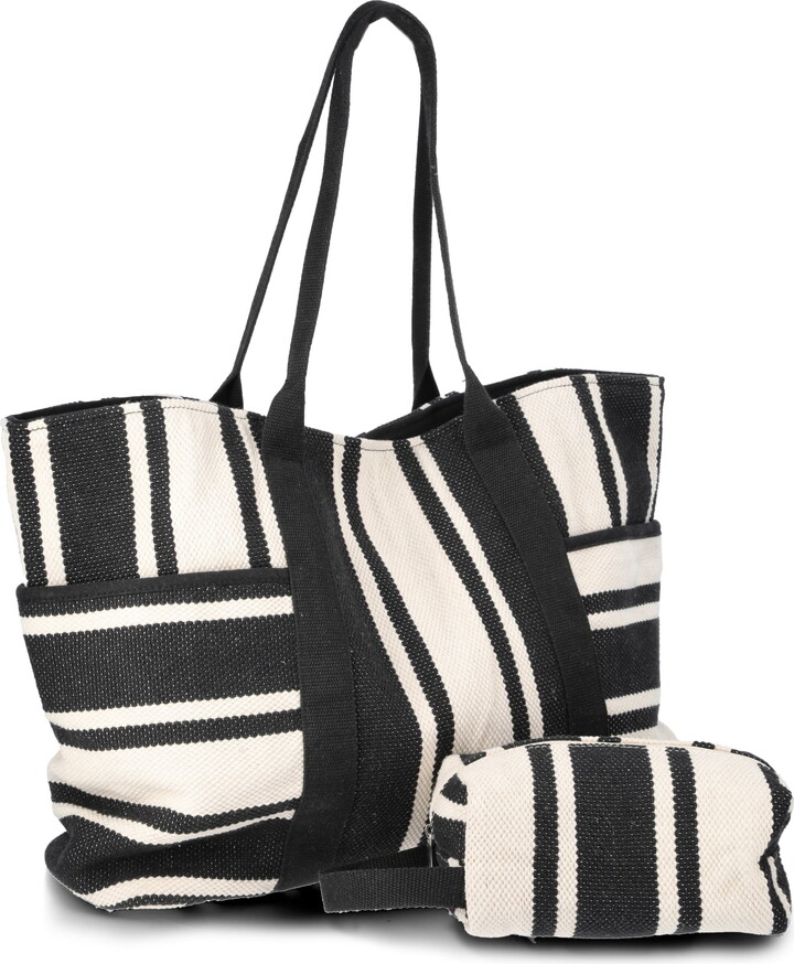 Time and Tru Women’s Pocket Tote Handbag and Matching Pouch, Black and White Stripes