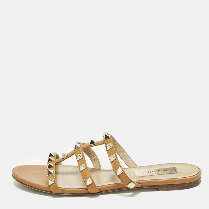 Valentino Rockstud Size 35 Brown Leather Flat Slide