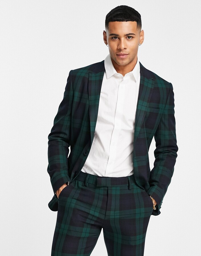 ASOS DESIGN super skinny suit jacket in dark green blackwatch