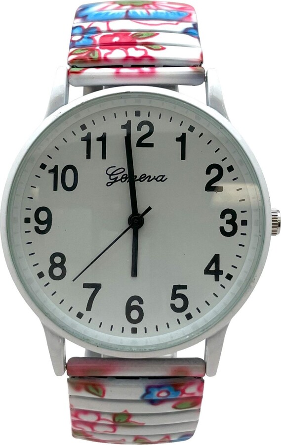 Olivia Pratt White Multi Big Dial Easy Reader Watch Abstract Elastic Stretch Band Wristwatch Women Watch