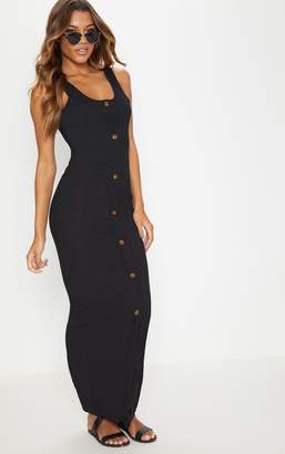 PrettyLittleThing Black Ribbed Button Detail Maxi Dress