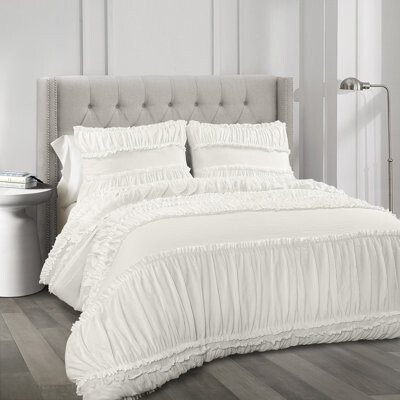 Lush Decor Nova Ruffle White Microfiber Farmhouse / Country 3 Piece Comforter Set