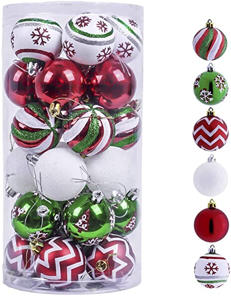 Valery Madelyn 30ct 60mm Classic Collection Splendor Red Green White Christmas Ball Ornaments, Shatterproof Christmas Tree Ornaments for Xmas Decoration