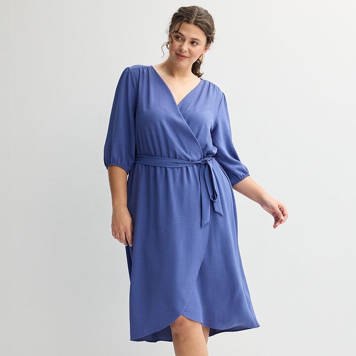 Plus Size Studio Connection Solid Airflow 3/4 Sleeve Wrap Dress
