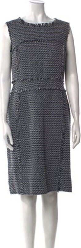 Tory Burch Sheath Dress Blue Tweed Pattern Fringe Trim Accent Sleeveless with Bateau Neckline Exposed Zip Closure at Back Designer