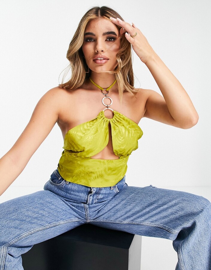 ASOS DESIGN halter front scarf top with ring trim detail and split