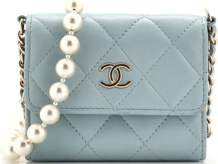 CHANEL Calfskin Quilted Pearl Mini Wallet On Chain WOC White