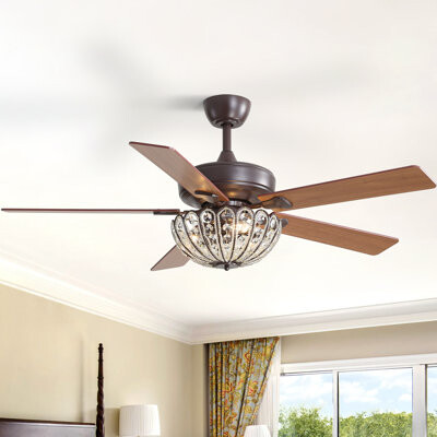 52-Inch Brown 5-Blade Ceiling Fan Light With Curved Crystal Shade And Remote Control