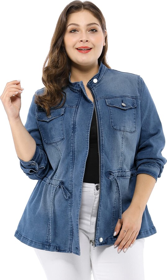 Agnes Orinda Women's Plus Size Stand Collar Zip Closure Drawstring Denim  Jacket Blue 1X - ShopStyle