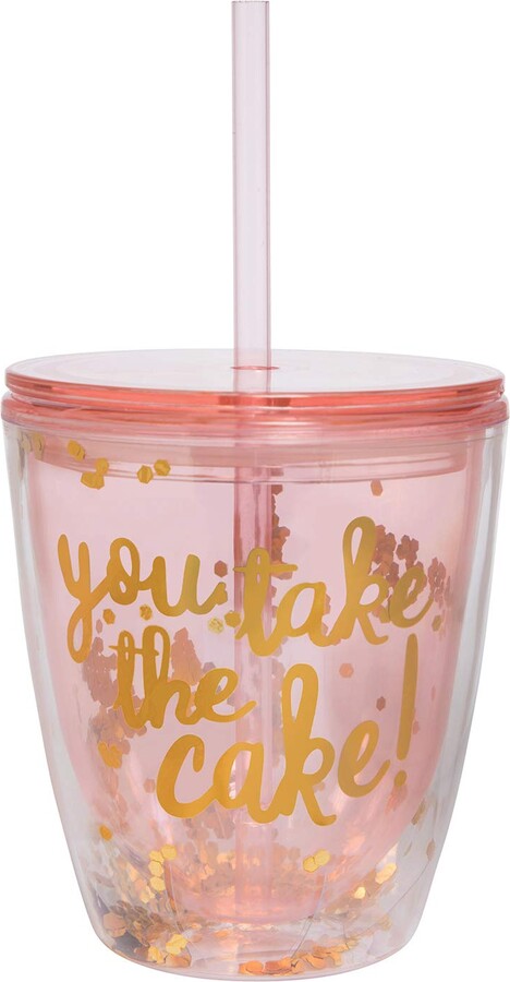 Slant Collections Acrylic Double-Wall To-Go Cup Double Old Fashioned Tumbler With Lid and Straw, 10-Ounce, You Take the Cake