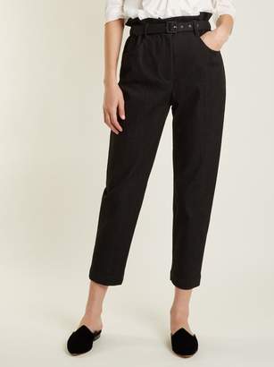 Isa Arfen Belted Tapered Leg Denim Cropped Trousers - Womens - Black