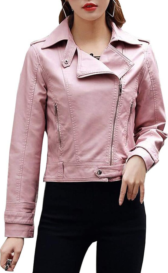 E-Girl Women's Pink Faux Leather Biker Jacket Short PU Moto Biker Outwear  Fitted Zipper Jacket Lapel Spring and Autumn Coat - ShopStyle