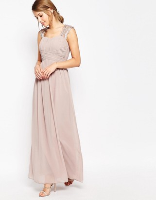 Little Mistress Ruched Bodice Maxi Dress With Lace Sleeves