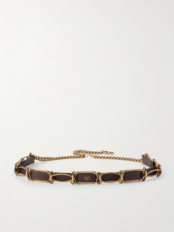Valentino Garavani - Vlogo Leather-trimmed Gold-tone Belt - Brown