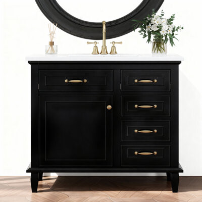 Ebern Designs Vespera Lune 36 Inch Freestanding Bathroom Vanity, Ceramic Top, Solid Wood Cabinet