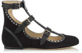 HARTLEY FLAT Black Suede and Shiny Leather Round Toe Flats with Studs
