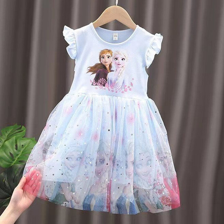 Potdemiel Disney 2025 New Girls Dress Flying sleeves Kids Clothes Summer for Children Frozen Elsa Princess Dresses Party Dress Fashion