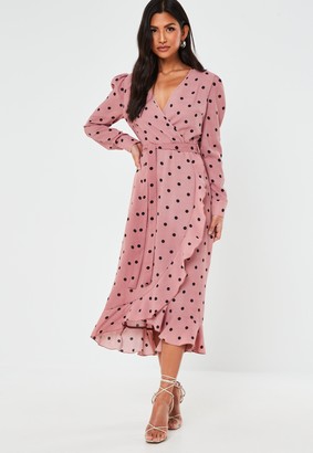 Missguided Pink Polka Dot Ruffle Hem Wrap Midi Tea Dress