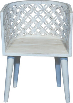 Far Pavilions Farmhouse Style Lattice Carved Solid Wood Distressed White Accent Chair