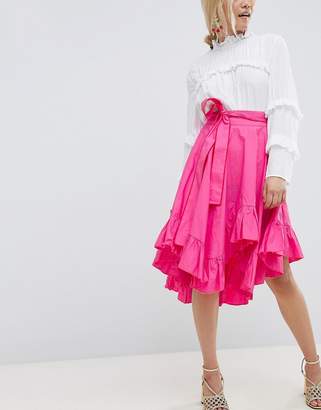 Lost Ink Petite asymmetric Midi Skirt With Tie Waist