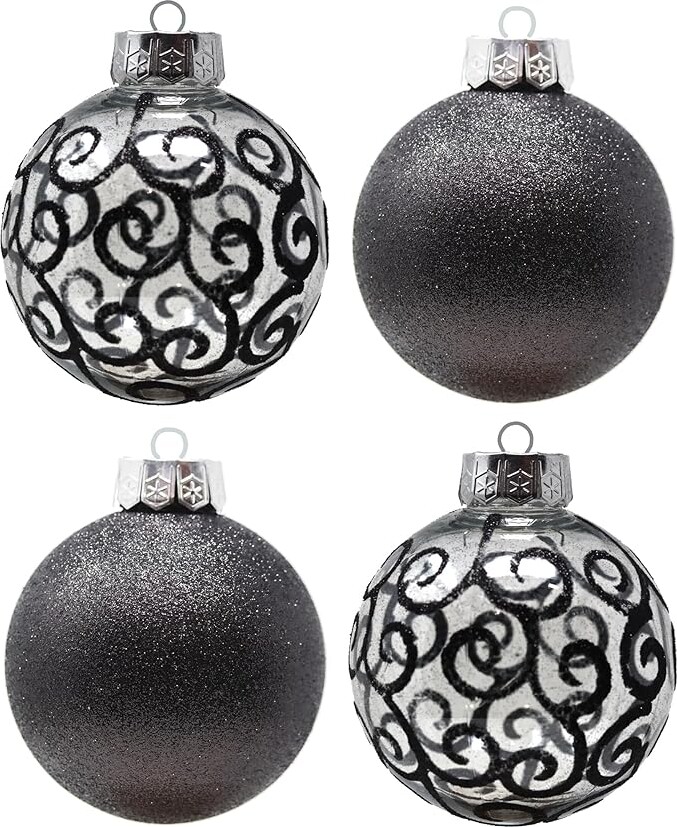 SLEETLY Large Black Ornaments for Christmas Tree Holiday Xmas Decorations for Christmas - Shatterpoof Plastic 4.72 inch Glitter Snow Balls and Clear Swirl, Ornament Set of 4