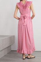 Thumbnail for your product : Loretta Caponi Delgina Belted Smocked Striped Satin Maxi Dress - Coral