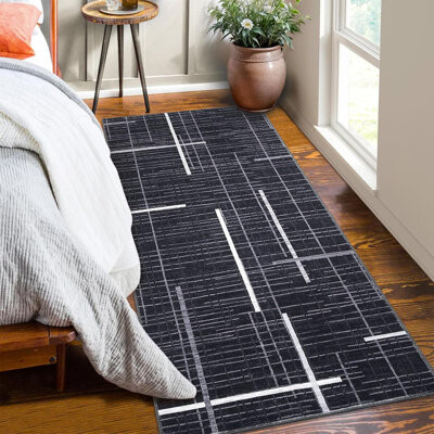 Ebern Designs 2x6 Washable Thin Indoor Rug Modern Interwoven Lines Low Pile Stain-Resistant Non-Slip for Living Room Bedroom Kitchen Beige