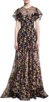 Thumbnail for your product : Zac Posen Floral-Embroidered Organza Gown, Black Pattern