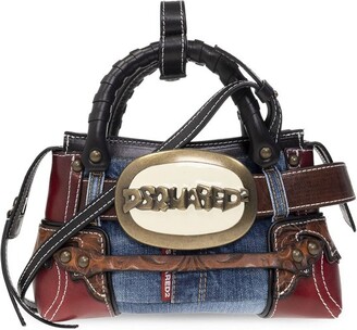 Fashion Denim Women's Tote Bag With Patchwork, Buckle, Contrast Color,  Fringed Edge, Star Print