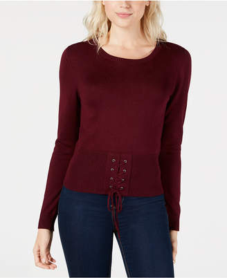 Hooked Up By Iot Juniors' Crew-Neck Lace-Up Sweater