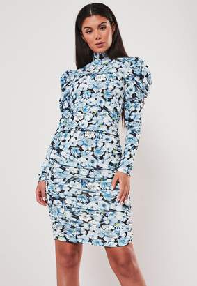 Missguided Blue Floral Ruched Sleeve Mini Dress