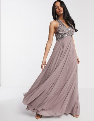 ASOS Petite DESIGN Petite linear embellished bodice maxi dress with tulle skirt in dusty purple