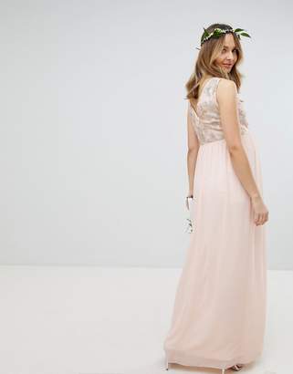 TFNC Maternity Maxi Bridesmaid Dress With Soft Floral Sequin Top