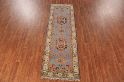 Bloomsbury Market Blue Geometric Traditional Indian Runner Rug 3x8
