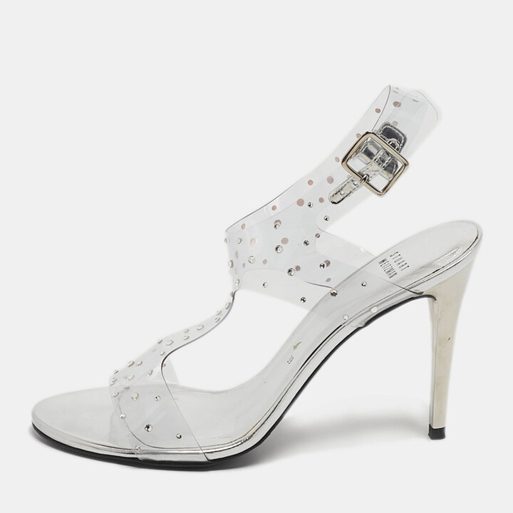 Stuart Weitzman Silver PVC Crystals Embellished T Strap Sandals Size 39