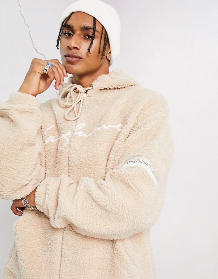 ASOS DESIGN ASOS Dark Future oversized hooded jacket in teddy fleece with  logo embroidery in neutral - ShopStyle