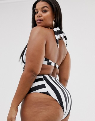 Wolf & Whistle Curve Exclusive Eco stripe high waist bikini bottom in black & white