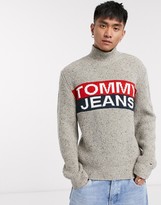 Thumbnail for your product : Tommy Jeans logo panel roll neck knit jumper in cream